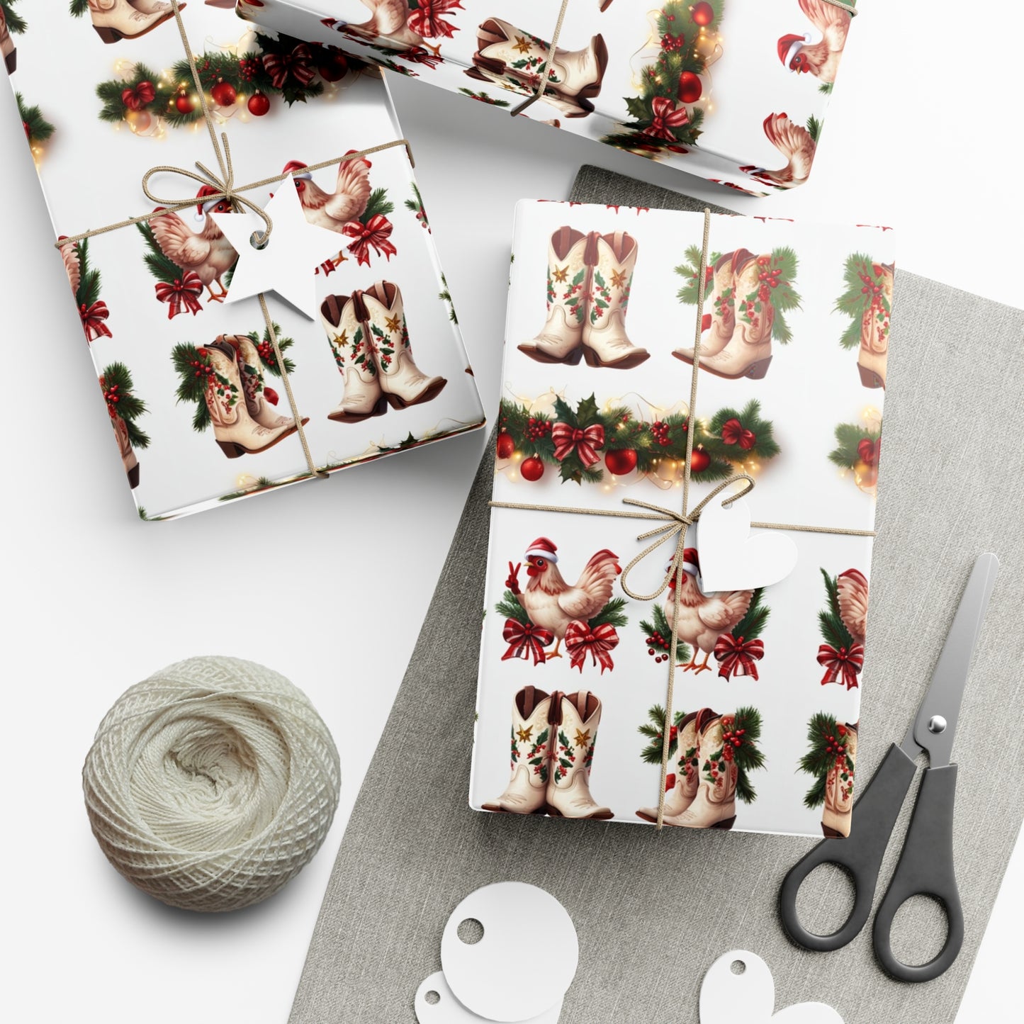 Wrapping Paper - Chicken and Cowboy Boots Christmas Design