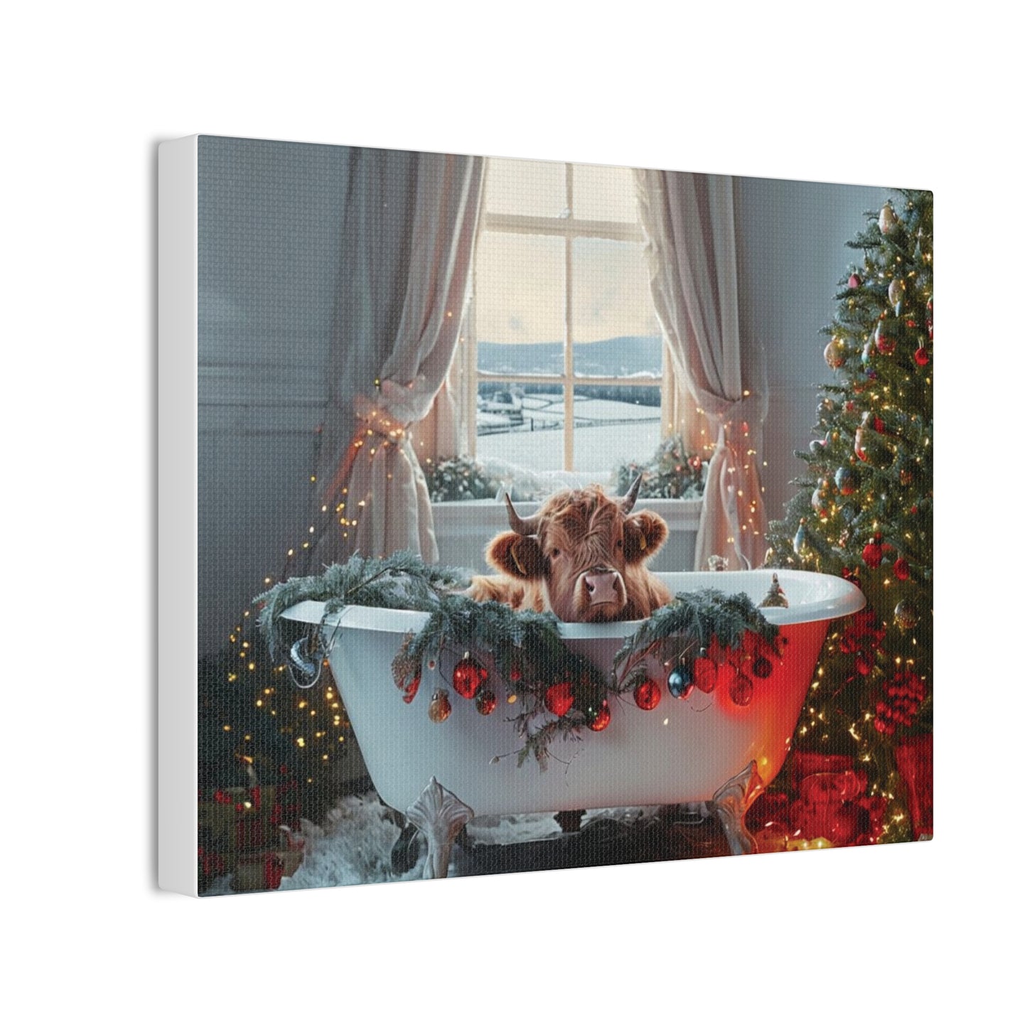 Canvas Art - Christmas Highland Cow in Bathtub