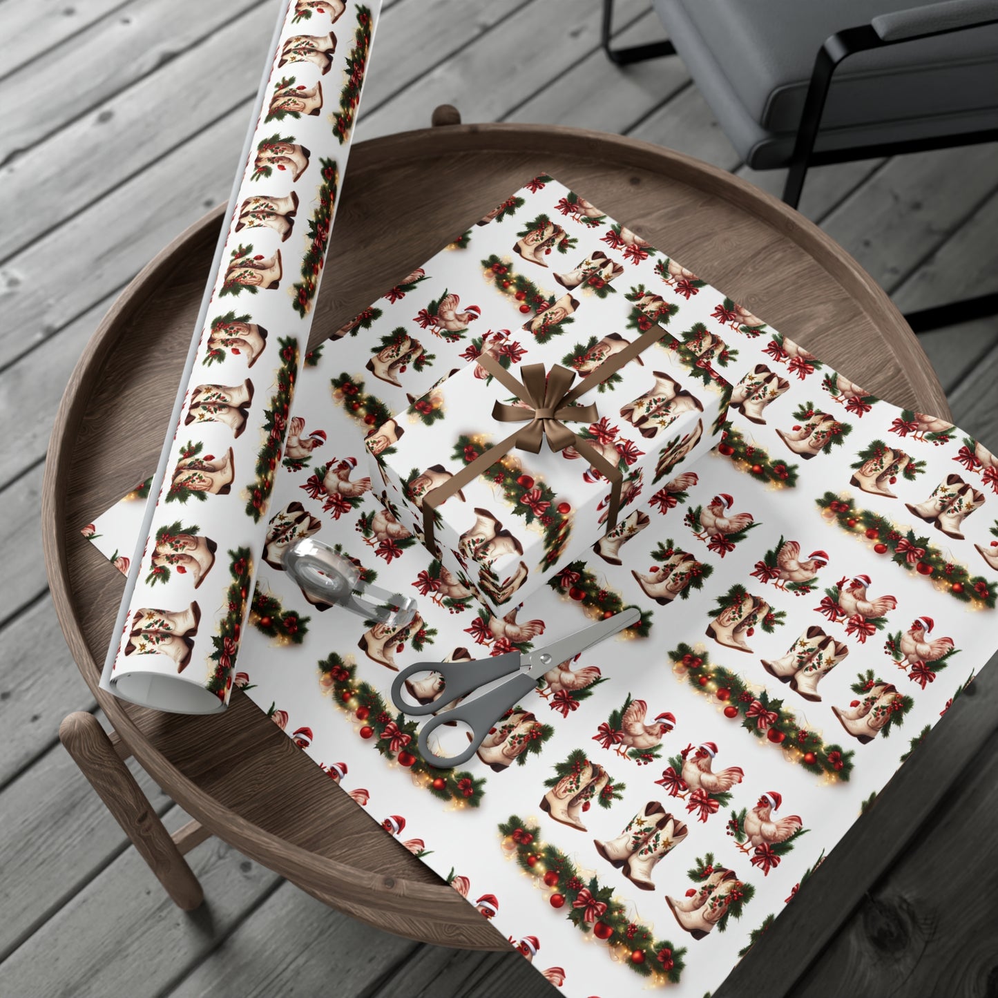 Wrapping Paper - Chicken and Cowboy Boots Christmas Design