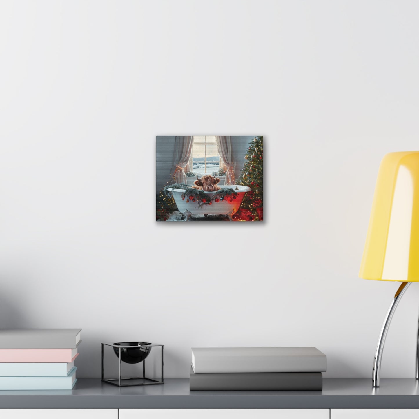 Canvas Art - Christmas Highland Cow in Bathtub