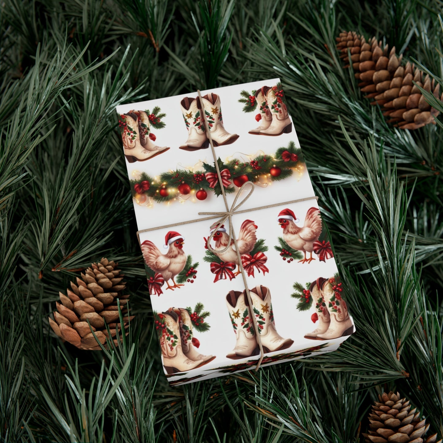 Wrapping Paper - Chicken and Cowboy Boots Christmas Design