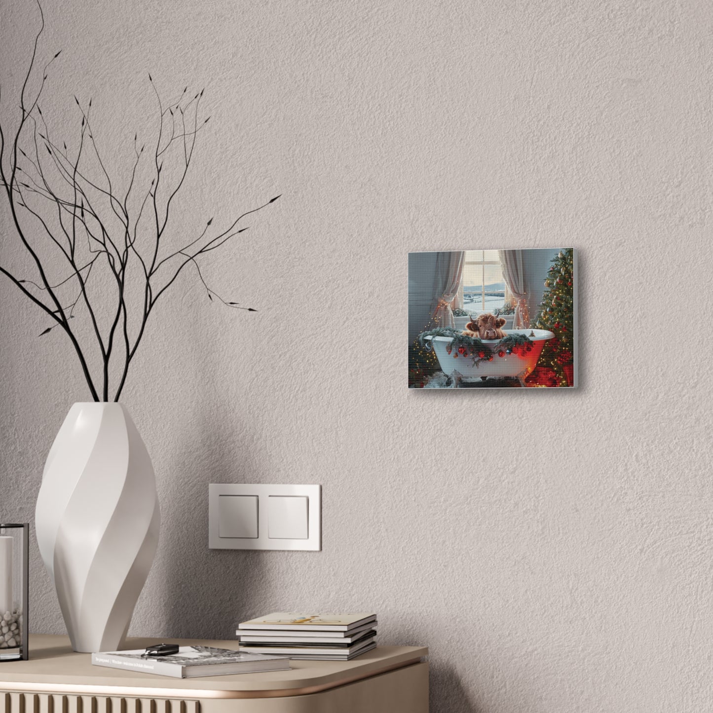Canvas Art - Christmas Highland Cow in Bathtub