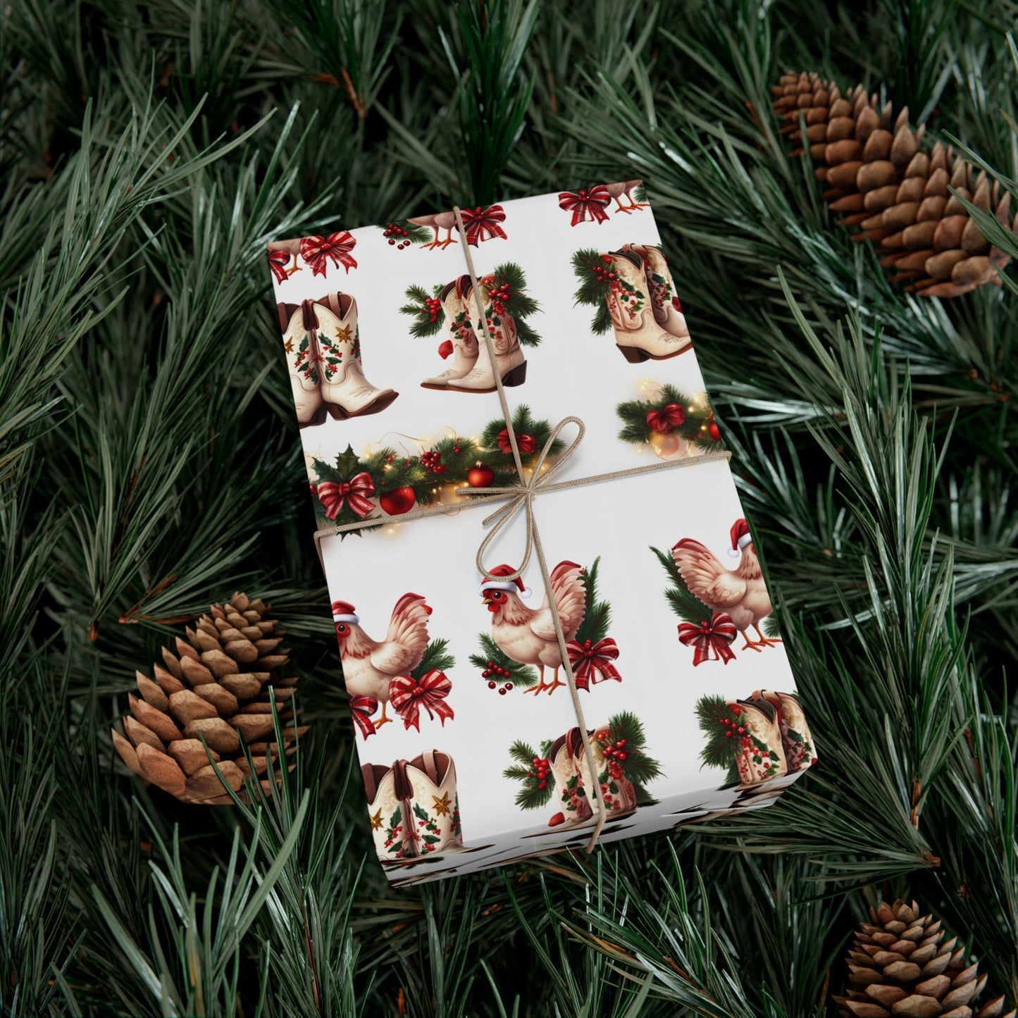 Wrapping Paper - Chicken and Cowboy Boots Christmas Design