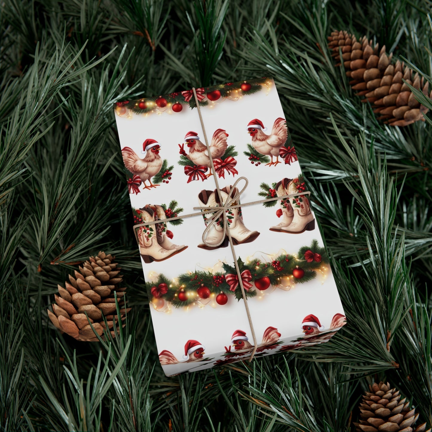 Wrapping Paper - Chicken and Cowboy Boots Christmas Design