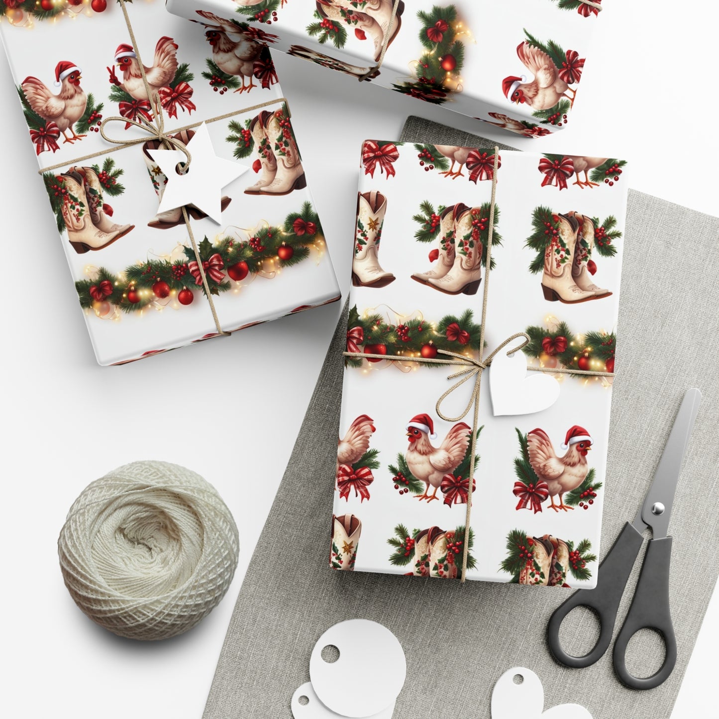 Wrapping Paper - Chicken and Cowboy Boots Christmas Design