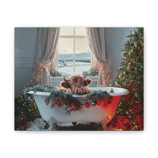 Canvas Art - Christmas Highland Cow in Bathtub